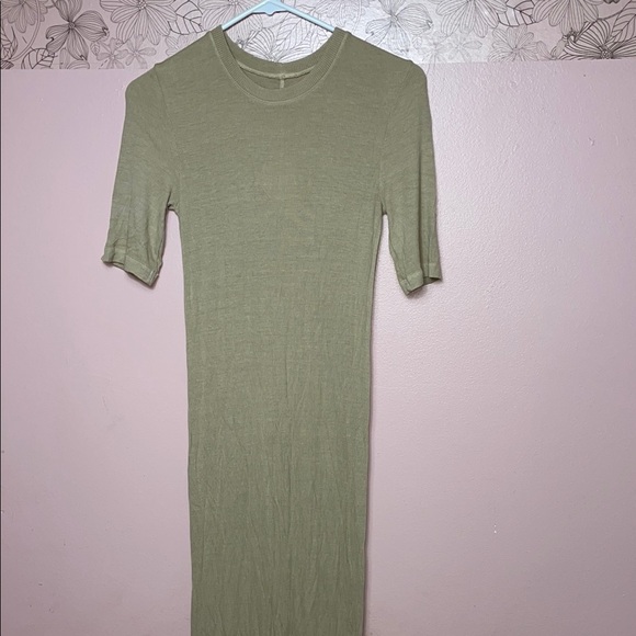Enza Costa Ribbed Olive Green Half Sleeve Midi Dress